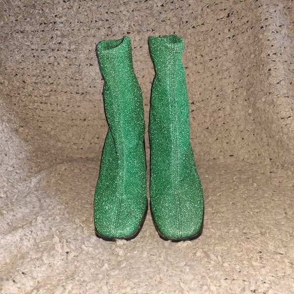 L'INTERVALLE-Green Glitter-Stretch High Heel Ankle Sock Boots-Sz 40-Near Mint - Picture 3 of 6